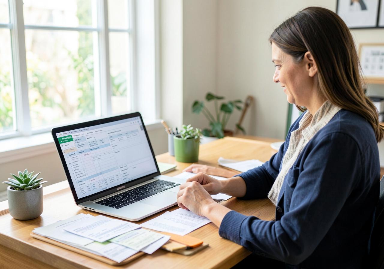 Small business owner reviewing organized bookkeeping records on a laptop