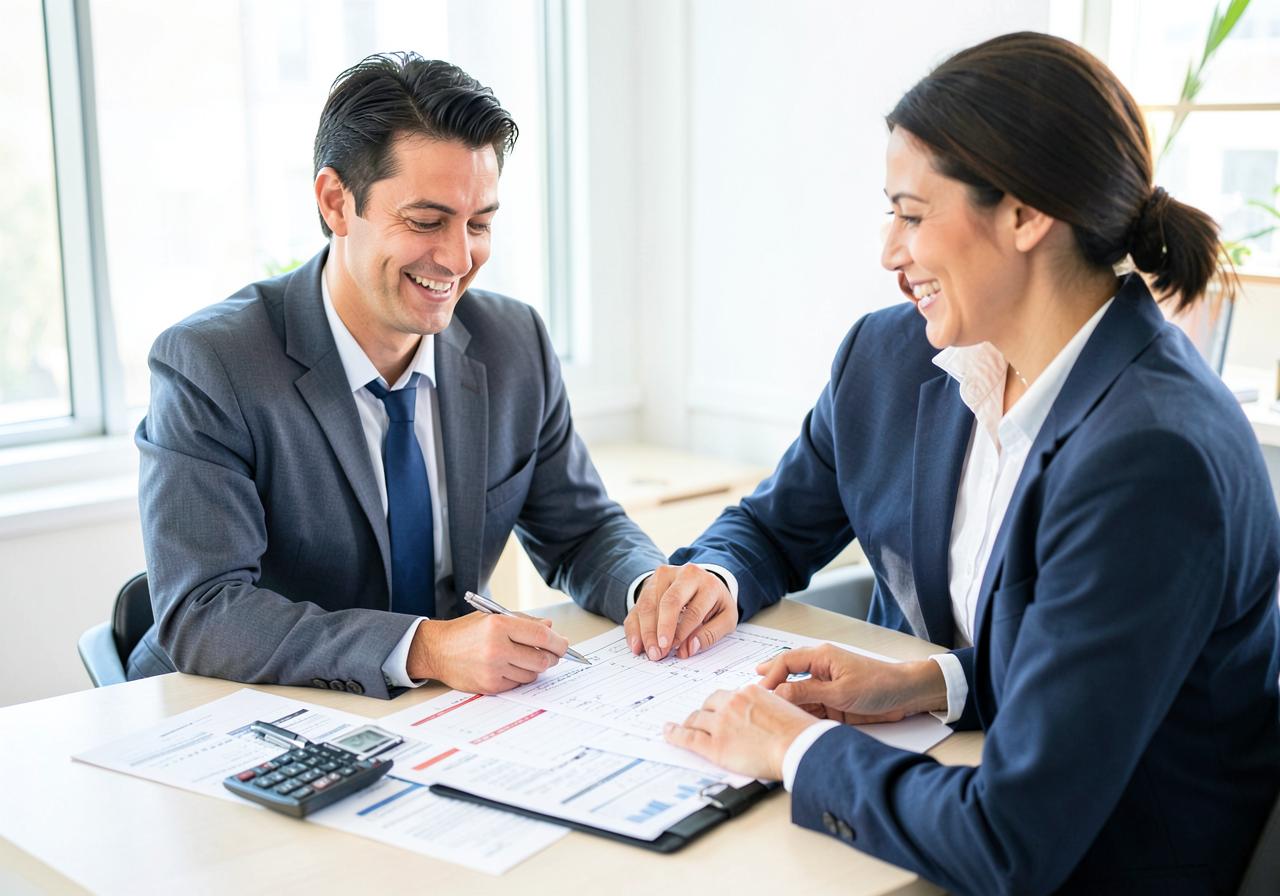 Tax preparer reviewing tax documents with a client